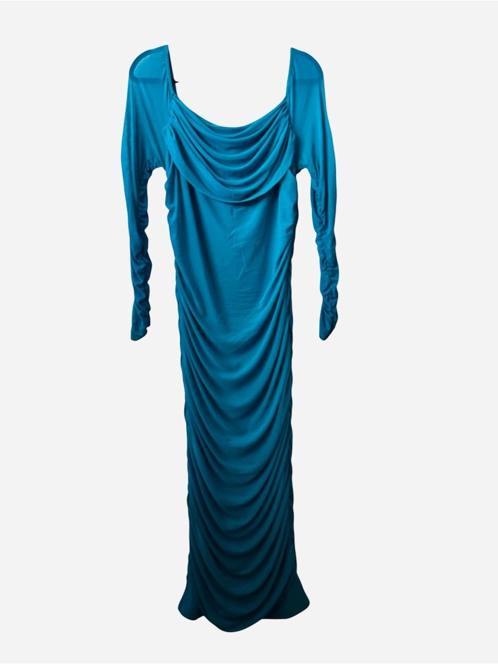 PRETTY GARDEN Green Teal Long Sleeves Ruched Draped Pull Over XL Dress